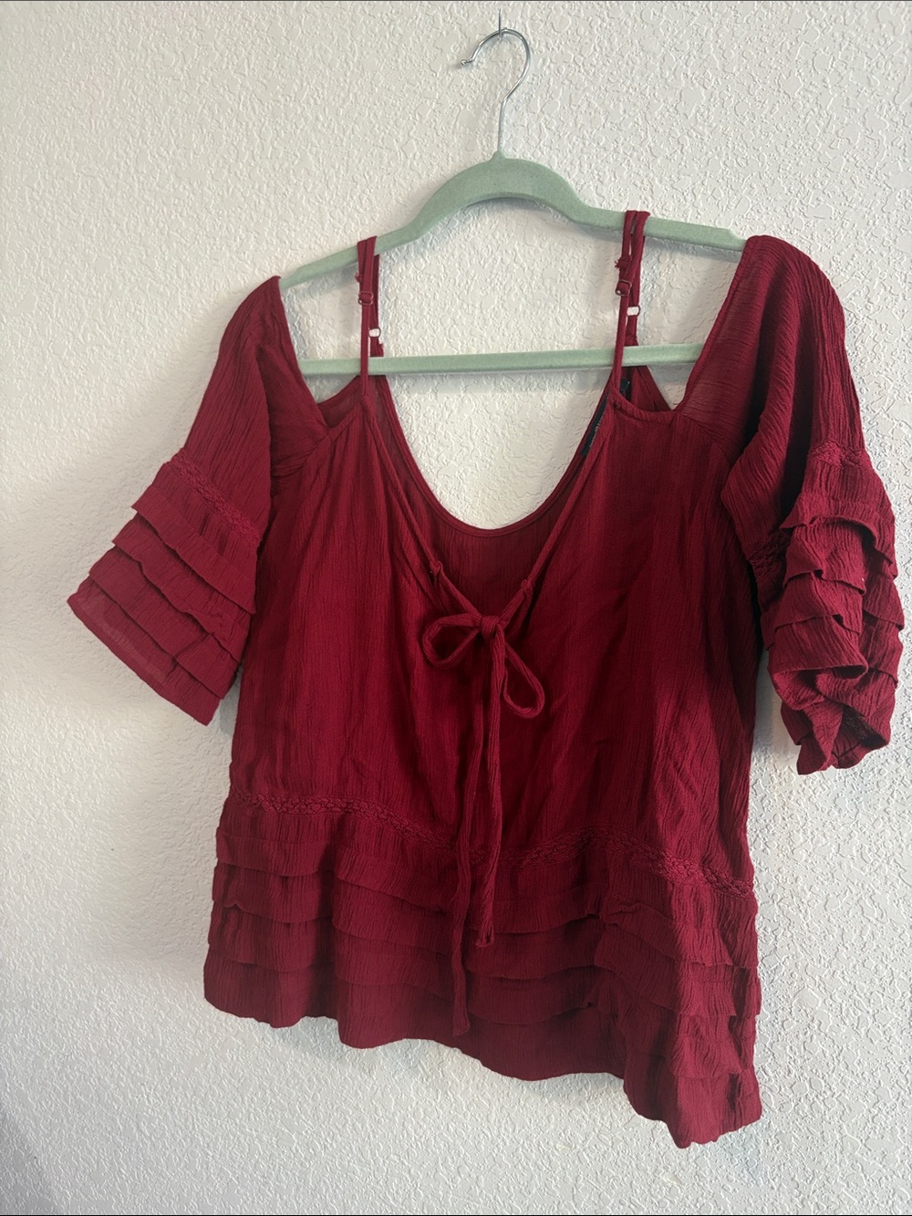 American Eagle Outfitters Red Ruffle Cold-Shoulder Blouse